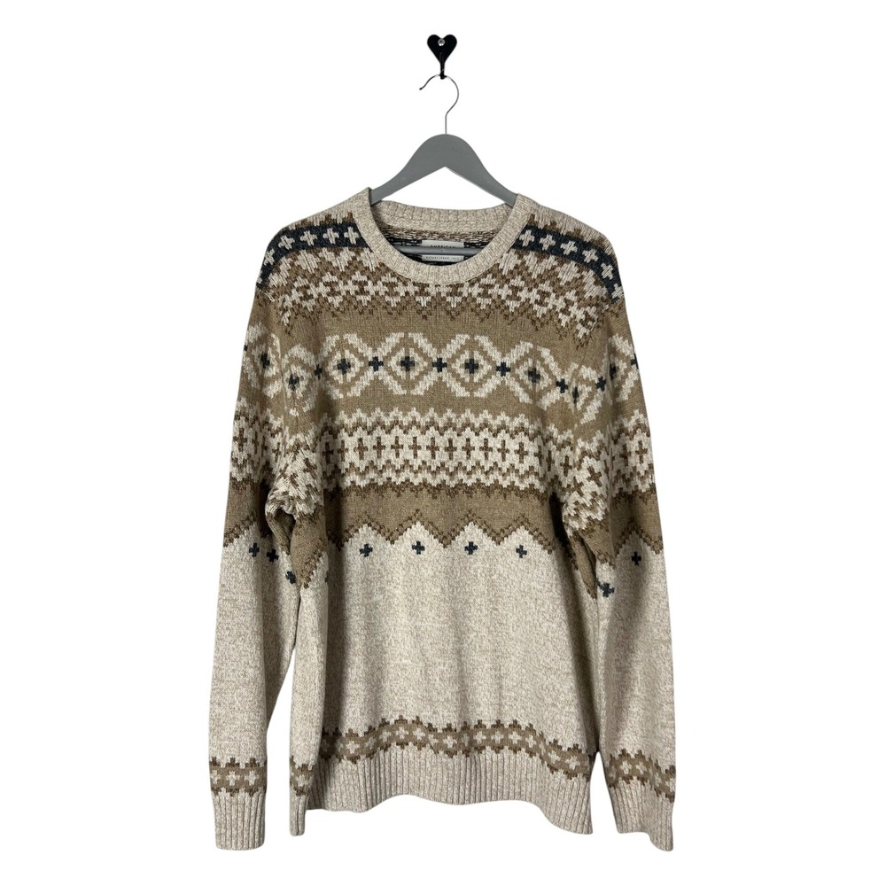 American Eagle Men XXL Fair Isle Crewneck Sweater Beige Tan Knit Pullover